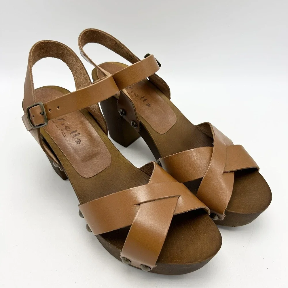 Mariella Sandals Womens 9.5 M Brown Leather Block Heels Wood Look Made in Italy